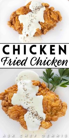 fried chicken with ranch dressing on top and the words chicken fried chicken overlayed