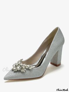 Olivia Mark - Elegant Rhinestone-embellished Pointed Toe Chunky Heel Bridal Shoes for Womens Weddings Embellished Wedding Shoes, Lace Bridal Shoes, Fall Toes, Satin Wedding Shoes, Bridal Flats, Evening Style, Peep Toe Shoes, Pointed Heels, Womens Wedding Shoes