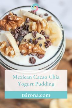 mexican cacao chia yogurt pudding with granola and walnuts