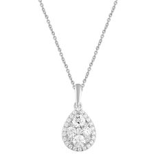 A cluster of round-cut diamonds make this sterling silver teardrop pendant a dazzling choice. A cluster of round-cut diamonds make this sterling silver teardrop pendant a dazzling choice. Metal: sterling silver Chain length: 18 in. Packaging: boxed NA Finish: polished Chain type: cableDIAMOND DETAILS Total weight: 1/2 ct. Color grade: I-J Clarity: I2-I3 Shape: round brilliant Setting: prong Gemstones may have been treated to enhance their appearance. Special care may be required. Please visit ou Silver Pear-shaped Diamond Necklace, Fine Jewelry, Diamond Teardrop Fine Jewelry Necklace, Fine Jewelry Silver Pear-shaped Diamond Necklace, Teardrop Anniversary Drop Necklace In Fine Jewelry Style, Diamond Teardrop Drop Necklace Fine Jewelry, Fine Jewelry Silver Diamond Necklace In Pear Shape, Teardrop Fine Jewelry Drop Necklace For Anniversary, Fine Jewelry Teardrop Drop Necklace For Anniversary, Cubic Zirconia Teardrop Diamond Necklace With Prong Setting