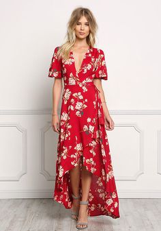 Red Floral Wrap Hi-Lo Maxi Dress - Dresses - Boutique Culture Cheap Long Dresses, Long Red Dress, Guest Attire, Shower Dresses, Maxi Robes, Maxi Skirts, Guest Outfit, Cheap Dresses, Summer Maxi Dress