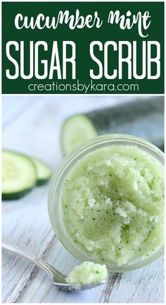 This simple cucumber mint sugar scrub smells fantastic, and helps soften up dry itchy skin. An invigorating sugar scrub recipe. #sugarscrubrecipe #sugarscrub #mintsugarscrub #cucumbersugarscrub #giftidea #diysugarscrub #creationsbykara Body Scrub Recipes, Mint Sugar Scrub, Mint Sugar, Diy Body Scrub Recipes, Coffee Facial, Diy Sugar Scrub Recipe, Diy Sugar Scrub, Body Scrub Recipe, Scrub Homemade