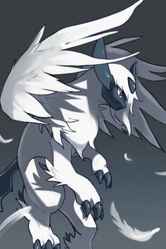 a drawing of a white and black pokemon with wings on it's back legs