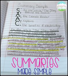 an open notebook with writing on it and the words summaties made simple