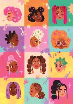 an illustration of different types of hair and makeup on a colorful background with stars in the sky