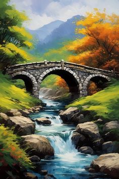 a painting of a bridge over a stream in the woods with rocks and trees surrounding it