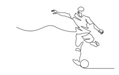 a continuous line drawing of a soccer player kicking the ball