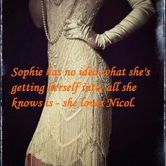 a woman in a white dress with pearls on her head and the words, sophie has no idea what she's getting herself