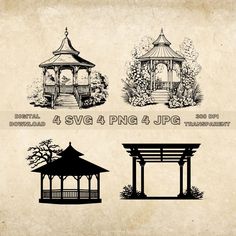 the four pavilions are in different styles and sizes, each with their own gazebo