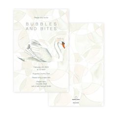 The Swans Invitation featuring delicate swan artwork on the front with text and abstract pink and green designs in the background, perfect for elegant events. Personalization available, includes A9 straight edge envelope. Swan Lake Baby Shower Ideas, Hannah Smith, Swan Wedding, Eggshell White, White Swan, Garden Parties, Bridal Shower Party, Swan Lake, Envelope Liners