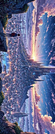 an image of a futuristic city surrounded by mountains and water at sunset or sunrise time