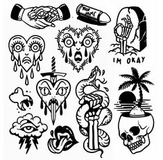 an assortment of tattoos drawn in black and white