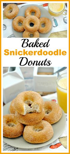 baked snickkerdoodle donuts on a plate with orange juice