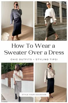 How To Wear A Sweater Over Dress: Chic Outfits + Styling Tips! Dress With Tucked Sweater, Sweater Over Midi Dress, Tucking Sweater Over Dress, How To Wear Sweaters Over Dresses, Sweater Over Black Dress Outfit, Long Black Dress With Sweater Over It, Chunky Sweater With Dress, Satin Slip Dress With Sweater, Styling A Maxi Dress For Winter