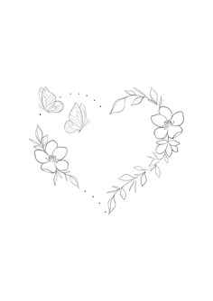 a heart shaped frame with flowers and butterflies around it in black and white on a plain background