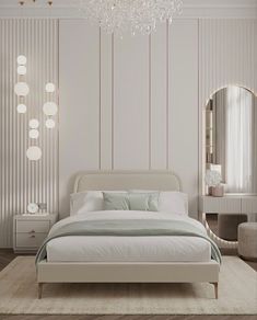 a bedroom with a bed, dresser and mirror