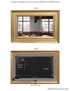 the frame mirror kit is open and closed to reveal a flat screen tv in it