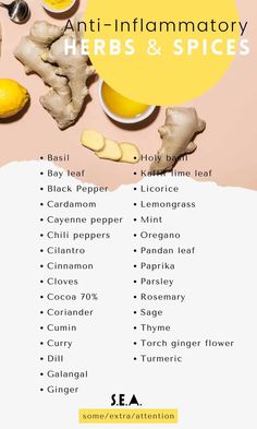 an info sheet with the words anti - inflamatory herbs and spices on it