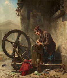 a painting of a man working on a spinning wheel