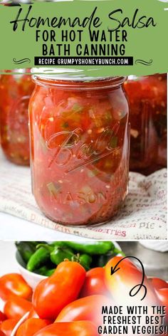 the recipe for homemade salsa in a jar with tomatoes and green peppers on the side