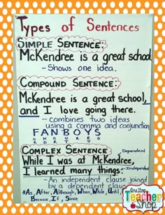 a poster with some writing on it that says types of sentences and examples for students to use