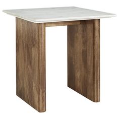 a wooden table with a white marble top on an isolated white background for use as a side table