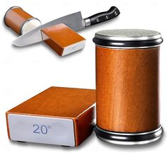 a wooden box with a knife and sharpener next to it on a white background