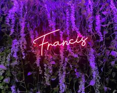 a neon sign that reads frances surrounded by purple and green plants in front of a black background