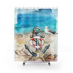 a shower curtain with an anchor, starfish and seagulls on the beach