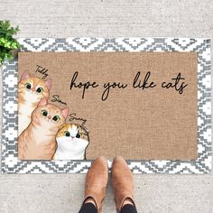 a person standing in front of a door mat with two cats on it that says, hope you like cats