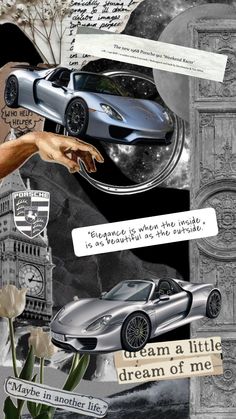 a collage of different images including a car, flowers and paper with words written on it