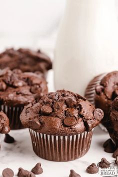 chocolate muffins and milk on a white surface with scattered chocolate chips next to it