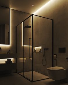 a bathroom with a shower, toilet and sink is shown in black and white colors