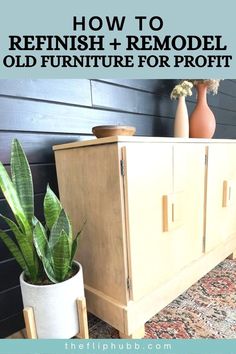 an old furniture with plants and vases on the top, in front of a black wall