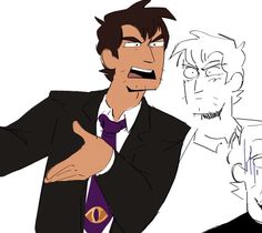 an animated image of two men in suits and one is pointing his finger at the camera