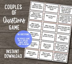 the printable game for valentine's day is shown with text that reads couples of questions