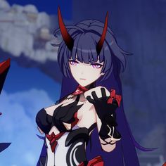 an anime character with horns on her head and long black hair, wearing red gloves