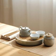 a tea set sitting on top of a wooden table