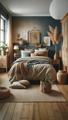 a bed room with a neatly made bed and lots of pillows on the floor next to it