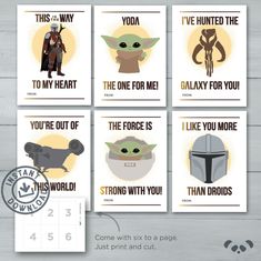 four star wars printables with the words i've waited to my heart, yoda, the one for me, and the force is strong