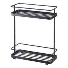 a black metal shelf with two shelves