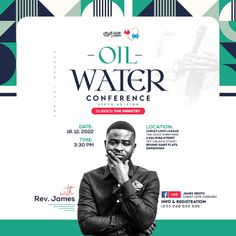 the oil water conference flyer with a man holding his hand to his face and looking up