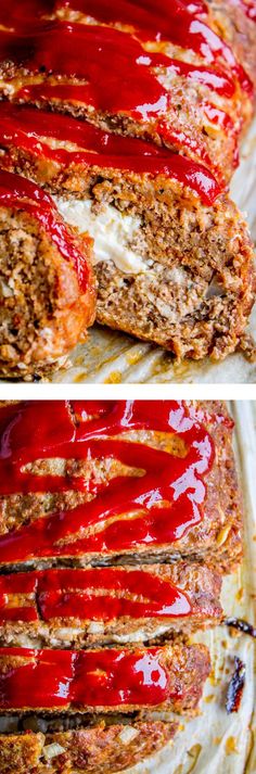 meatloaf covered in ketchup and sauce on top of a baking sheet