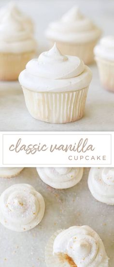 vanilla cupcakes with white frosting and sprinkles on the top