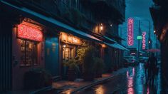 a person walking down the street in the rain with an umbrella over their head at night