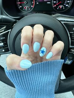 Short Nails With Star Design, Simple Summer Nails Almond Blue, Benson Boone Nails, Light Blue Nails With Stars, Cute Easy Blue Nails, Cute Short Acrylic Nails Almond Light Blue, Sky Blue Almond Acrylic Nails, Light Blue Birthday Nails, Nail Ideas Light Blue