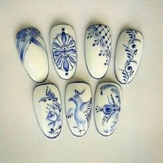 Vintage Nail Art, Vintage Nails, Blue Nail, Blue And White Porcelain, Pretty Nail Art, Floral Nails, Nail Stamping