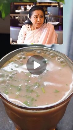 a woman sitting in front of a pot filled with soup and another photo behind her