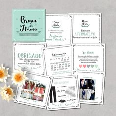 the wedding stationery is laid out on top of each other, with flowers in front