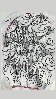 a drawing on paper with clouds and trees in the background, as well as red ink